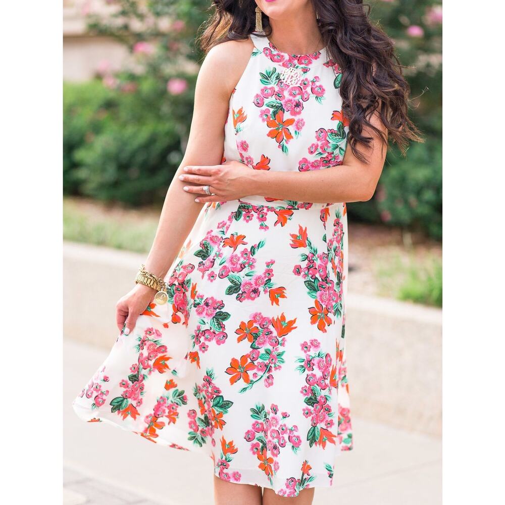 Stunning Ann Taylor Pink Florals Midi Dress Size 8 with Bow Detail Flowy Summer
